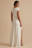 White Cowl Neck Sheath Long Rehearsal Dinner Dress with Slit
