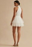 Halter White Ruffled A-Line Graduation Dress