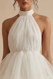 Halter White Ruffled A-Line Graduation Dress