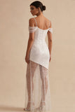 Sparkly White Sheath Cold Shoulder Long Bridal Shower with Sequins
