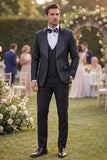 3 Piece Blue One Button Shawl Lapel Jacquard Men's Prom Suits