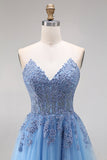 Blue Tulle Corset A-Line Sweetheart Appliqued Long Prom Dress with Slit