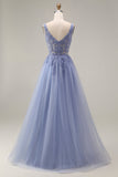 Tulle Dusty Lavender Corset A-Line Square Neck Appliqued Long Prom Dress