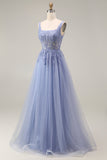 Tulle Dusty Lavender Corset A-Line Square Neck Appliqued Long Prom Dress