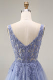 Tulle Dusty Lavender Corset A-Line Square Neck Appliqued Long Prom Dress