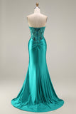 Peacock Satin Corset Mermaid Sweetheart Ruched Beaded Appliqued Long Prom Dress with Slit