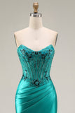 Peacock Satin Corset Mermaid Sweetheart Ruched Beaded Appliqued Long Prom Dress with Slit