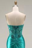 Peacock Satin Corset Mermaid Sweetheart Ruched Beaded Appliqued Long Prom Dress with Slit