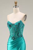 Peacock Satin Corset Mermaid Sweetheart Ruched Beaded Appliqued Long Prom Dress with Slit