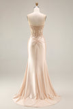 Champagne Satin Corset Mermaid Appliqued Ruched Long Prom Dress with Slit
