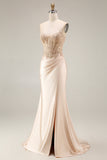 Champagne Satin Corset Mermaid Appliqued Ruched Long Prom Dress with Slit