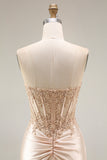 Champagne Satin Corset Mermaid Appliqued Ruched Long Prom Dress with Slit