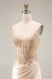 Champagne Satin Corset Mermaid Appliqued Ruched Long Prom Dress with Slit