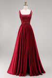 Sparkly Burgundy Velvet Corset A-Line Square Neck Long Prom Dress with Beading