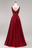 Sparkly Burgundy Velvet Corset A-Line Square Neck Long Prom Dress with Beading
