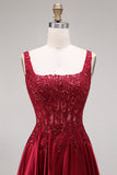 Sparkly Burgundy Velvet Corset A-Line Square Neck Long Prom Dress with Beading