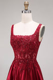 Sparkly Burgundy Velvet Corset A-Line Square Neck Long Prom Dress with Beading