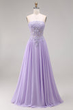 Tulle Lilac Strapless Corset A-Line Appliqued Long Prom Dress