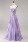 Tulle Lilac Strapless Corset A-Line Appliqued Long Prom Dress