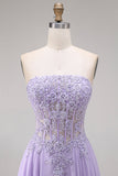 Tulle Lilac Strapless Corset A-Line Appliqued Long Prom Dress