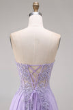 Tulle Lilac Strapless Corset A-Line Appliqued Long Prom Dress