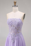 Tulle Lilac Strapless Corset A-Line Appliqued Long Prom Dress