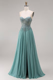 Chiffon Eucalyptus Sweetheart Corset A-Line Beaded Appliqued Long Prom Dress with Slit