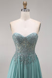 Chiffon Eucalyptus Sweetheart Corset A-Line Beaded Appliqued Long Prom Dress with Slit