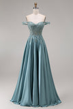 Agave Satin Off the Shoulder Corset A-Line Beaded Appliqued Long Prom Dress