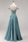 Agave Satin Off the Shoulder Corset A-Line Beaded Appliqued Long Prom Dress