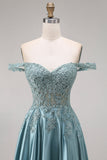 Agave Satin Off the Shoulder Corset A-Line Beaded Appliqued Long Prom Dress