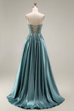 Agave Satin Corset A-Line Beaded Appliqued Long Prom Dress with Slit
