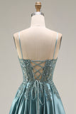 Agave Satin Corset A-Line Beaded Appliqued Long Prom Dress with Slit
