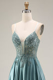 Agave Satin Corset A-Line Beaded Appliqued Long Prom Dress with Slit