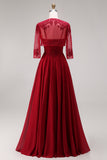 Velvet Burgundy A-Line Appliqued Long Mother of the Bride Dress with Beading