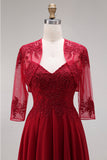 Velvet Burgundy A-Line Appliqued Long Mother of the Bride Dress with Beading