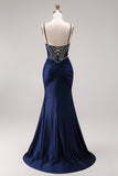 Satin Navy Mermaid Ruched Corset Lace-Up Back Long Prom Dress with Beading