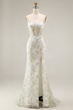White Green Flower Sheer Corset Mermaid Embroidered Long Prom Dress with Slit