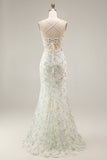 White Green Flower Sheer Corset Mermaid Embroidered Long Prom Dress with Slit