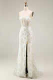 White Green Flower Sheer Corset Mermaid Embroidered Long Prom Dress with Slit