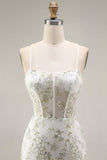 White Green Flower Sheer Corset Mermaid Embroidered Long Prom Dress with Slit
