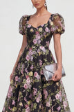 A Line Midi Multi Floral Dress with Puff Sleeves