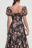 A Line Midi Multi Floral Dress with Puff Sleeves