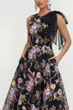 A Line Printed Bowed Midi Multi Floral Dress with Pockets