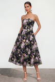 Strapless A Line Black Pink Flower Midi Dress with Pockets