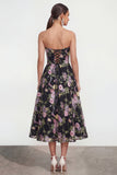 Strapless A Line Black Pink Flower Midi Dress with Pockets
