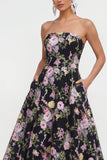 Strapless A Line Black Pink Flower Midi Dress with Pockets