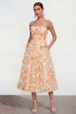 Champagne Strapless A Line Midi Dress with 3D Flowers