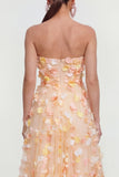 Champagne Strapless A Line Midi Dress with 3D Flowers