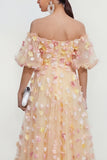 Off The Shoulder Champagne A Line 3D Flowers Midi Floral Dress with Appliques